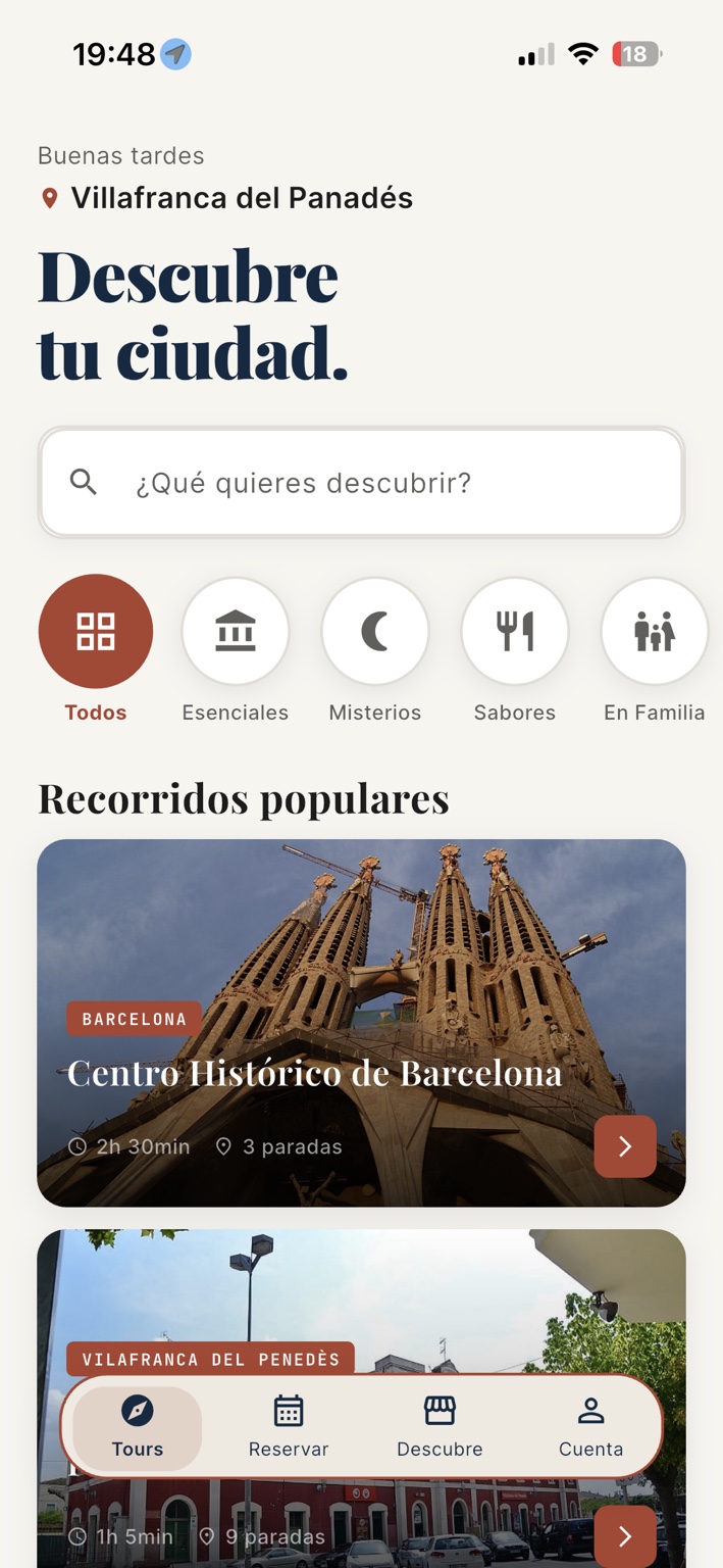 Pantalla d'inici de l'app Volta mostrant els tours disponibles